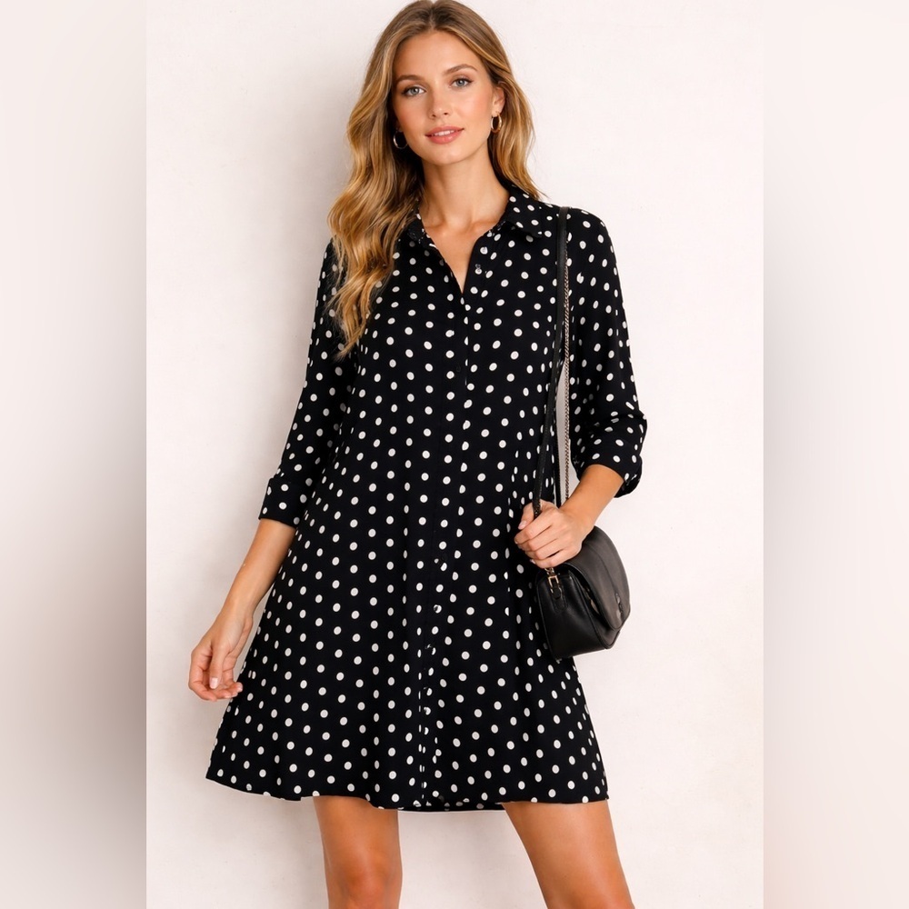 Zara Woman Black White Polka Dot Shirt Dress Button Front Size M